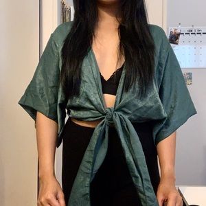 emerald green satin front tie top